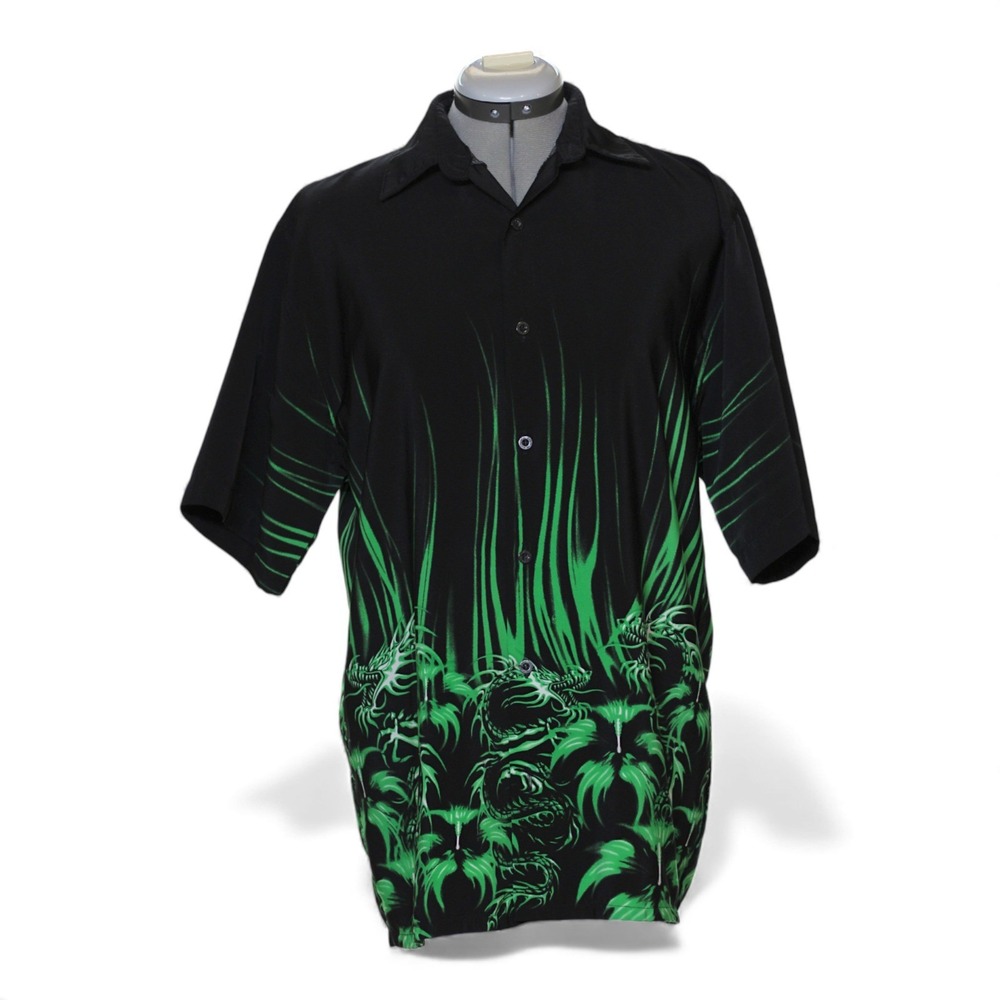Authentic Shaolin Mens Black Short Sleeve Button Up‎ Shirt Dragon Flame Print XL